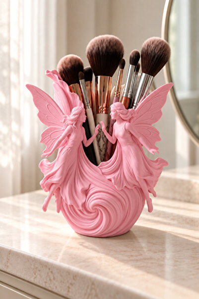 EVUNIA Peri Figürlü Makyaj Fırçalık ve Organizer - 18 cm, Pembe