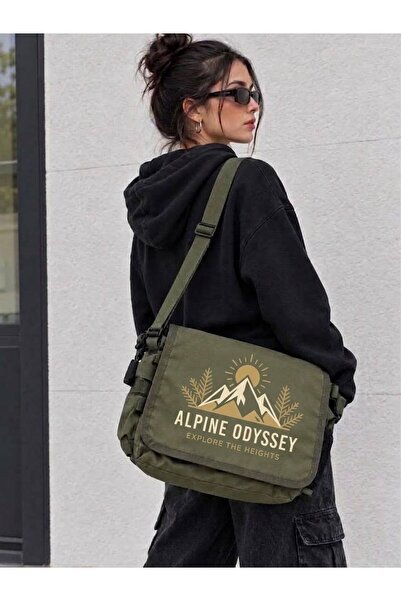 nesebutik Khaki Green Mountain and Nature Themed "Alpine Odyssey" Printed Mes...