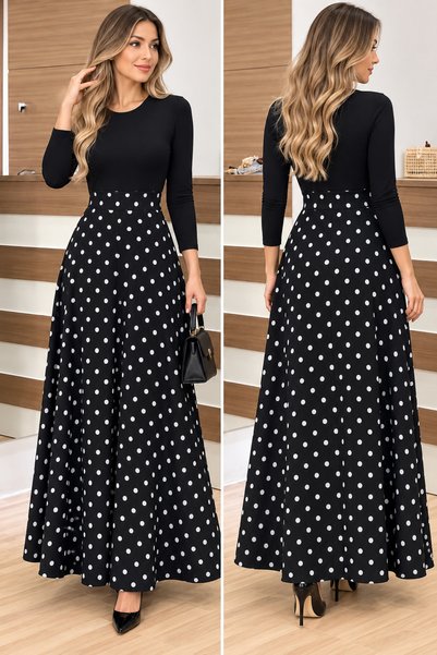 rengamoda Women's long sleeve full length polka dot dress with waist detail