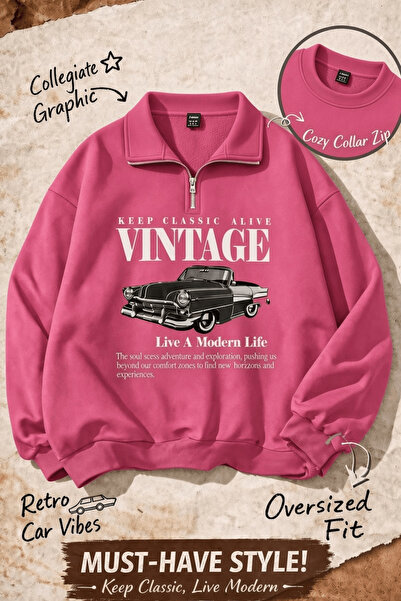 Vordevia Hanorac oversize unisex cu jumătate de fermoar, imprimat vintage, cu...