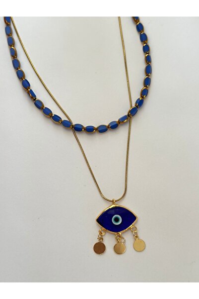mibrillo Glass Bead and Glass Eye Pendant Set Double Necklace Set