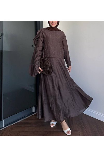 Hepsi Moda Ruffled Shoulder and Stoned Skirt Set - Bitter Brown