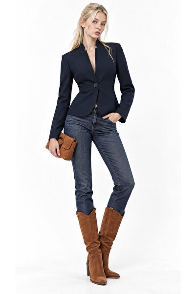 Lacivert Tek Düğmeli Dik Yaka Slim Fit Blazer Ceket