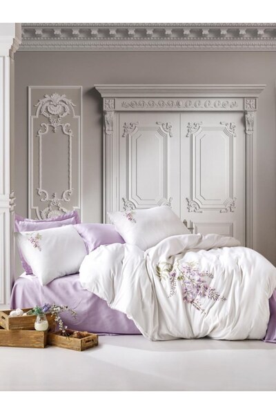 Cotton Box Mita lilac 6-piece embroidered cotton sateen king-size duvet cover...