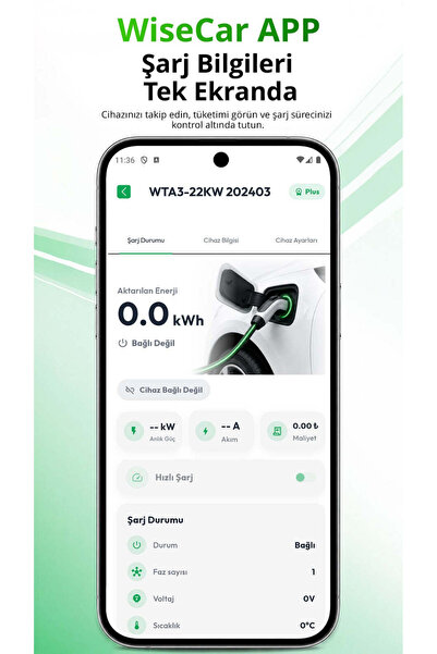 WiseCar WTL Yapay Zeka Destekli Akıllı Elektrikli Araç Şarj Cihazı 22 kW - Siyah Kartlı