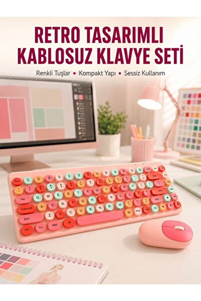 BİN1ÇEŞİT Renkli Retro Tuş Takımlı Klavye – 3 Cihaz Bağlantısı, Medya Kısayol Tuşları Yeni Nesil
