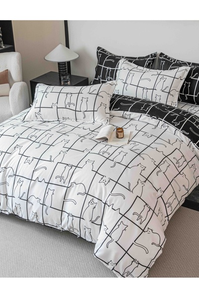 JOJO HOME Lenjerie de Pat 1 Persoana, Tip Finet, 4 Piese, Alb & Negru, Model ...