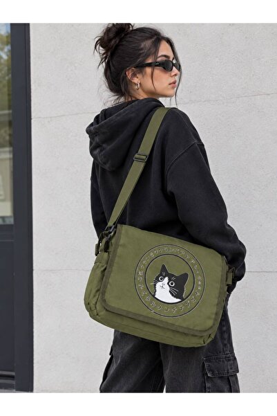 nesebutik Unisex Khaki Japanese Written Cat Printed Messenger Bag Crossbody S...