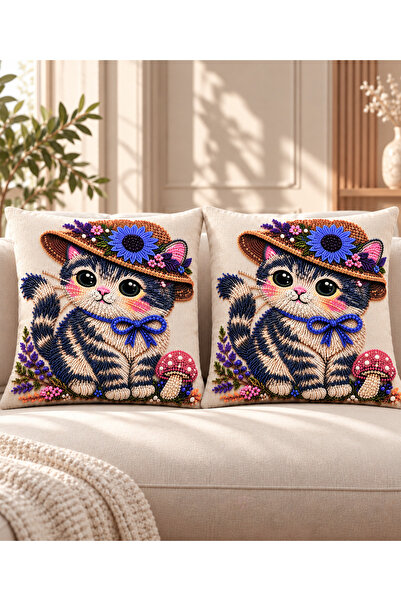 Bumedo 2-Piece Hat and Cat Patterned 3D Look Digital Printed Throw Pillow Cov...