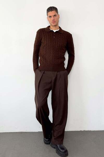 JB John Borners Men's Polo Collar Buttoned Hair Knit Pattern Knitwear Sweater Brown - 26501