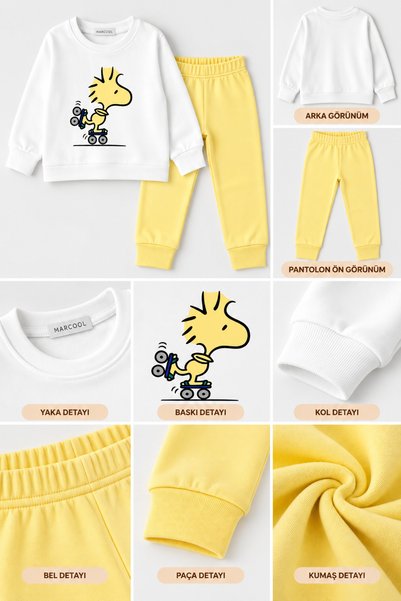MARKOLL Unisex Kids Scooter Printed Yellow Pajama Set Long Sleeve Crew Neck