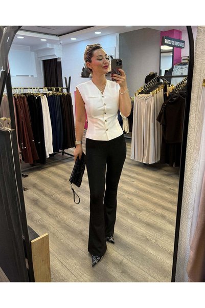 Harmony Fashion Beyaz - Düğmeli Önden Cep Detayli Yelek
