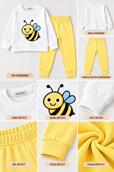 MARKOLL Unisex Kids Bee Printed Yellow Pajama Set Long Sleeve Crew Neck