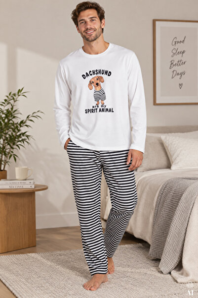 koza iç giyim Erkek Pamuklu Çizgili Desenli Cepli Pijama Takımı
