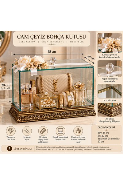 AYZ HOME Cam Çeyiz Bohça Kutusu 35x20x20 cm – Çiçekli Kurdeleli Dekoratif Cam...