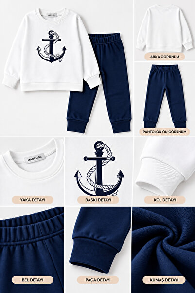 MARKOLL Boy's Anchor Printed Long Sleeve Pajama Set Navy Blue Bottom White Top 2 Pieces