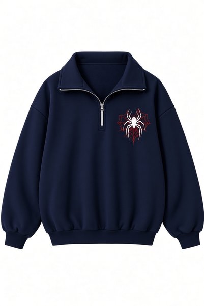 Vordevia Spider Printed Unisex Half-Zip Oversize 3 Thread Sweatshirt