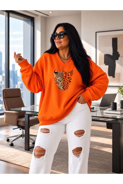 BENROMA 3 Yarn Combed Cotton V-Neck Leopard Print Sweatshirt Pyq3