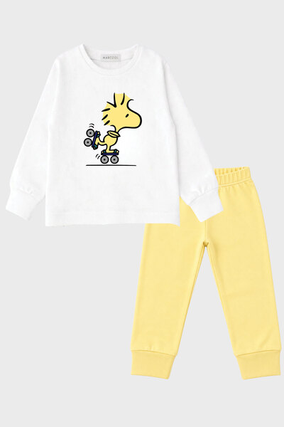 MARKOLL Unisex Çocuk Scooter Baskılı Sarı Pijama Takımı Uzun Kollu Bisiklet Yaka