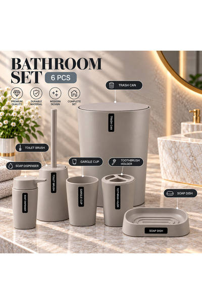SANITARY Ware's Window Bathroom Accessories Set 6 Pcs with Soap Dispenser, Trash Can & Toilet Brush