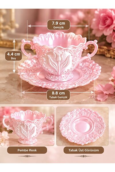 Victoria&Co Pembe Vintage Dekoratif Çay Fincanı ve Tabak Seti, Kabartmalı Çiç...