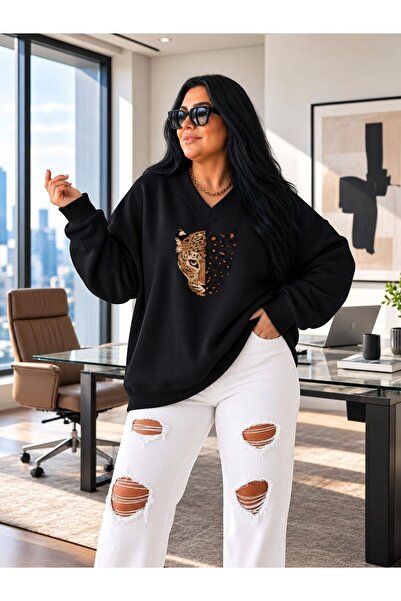 BENROMA 3 Yarn Combed Cotton V-Neck Leopard Print Sweatshirt Pyq3