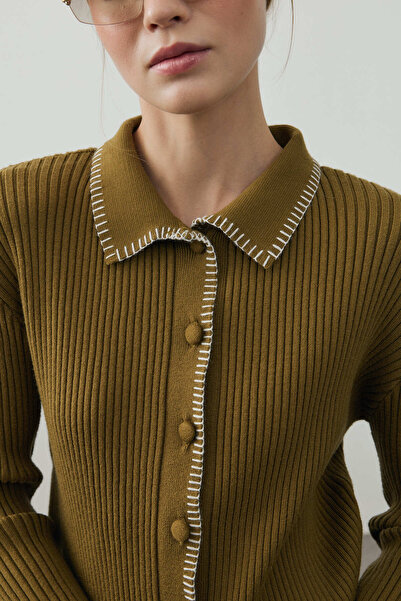 Fahhar Süzene Embroidered Buttoned Cardigan Oil Green