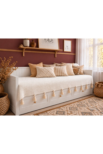 Divanest Püsküllü İskandinav Hemnes Divan Örtüsü Petek Pike Krem, Yatak Örtüsü