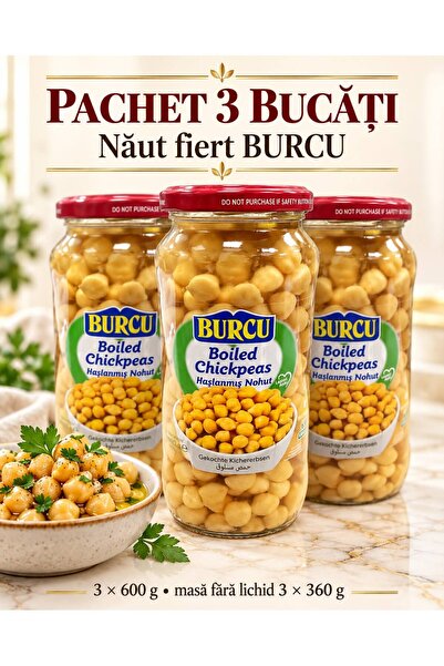 BURCU Boiled Chickpeas, package 3 jars × 600 g, mass without liquid 3 × 360 g