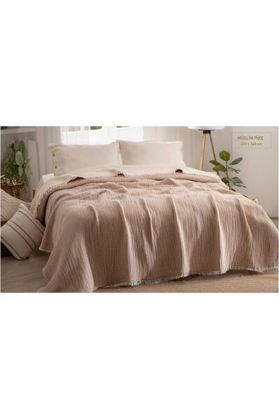 Müslin 220x240 cm Çift Kişilik Yatak örtüsü Pudra Beji