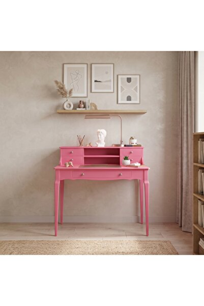 ROYS AHŞAP 100 Cm 5 Çekmeceli Pembe Raflı Konik Masif Çalışma Masası