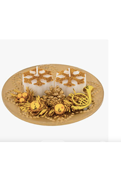 OEM Platou decorativ cu 2 lumanari aurii fulgi 13 cm
