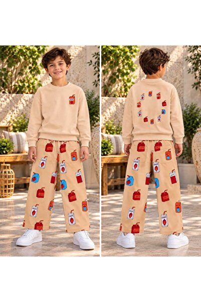 kr kids طقم سويت شيرت مطبوع عليه عصير الفواكه باللون البيج للأولاد وبنطلون وا...