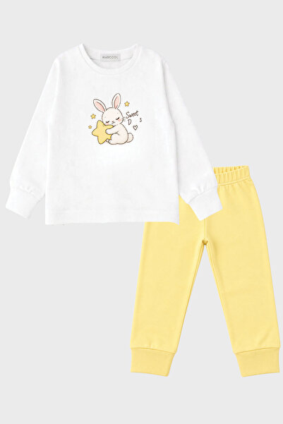 MARKOLL Unisex Çocuk Tavşan Baskılı Sarı Pijama Takımı Uzun Kollu Bisiklet Yaka
