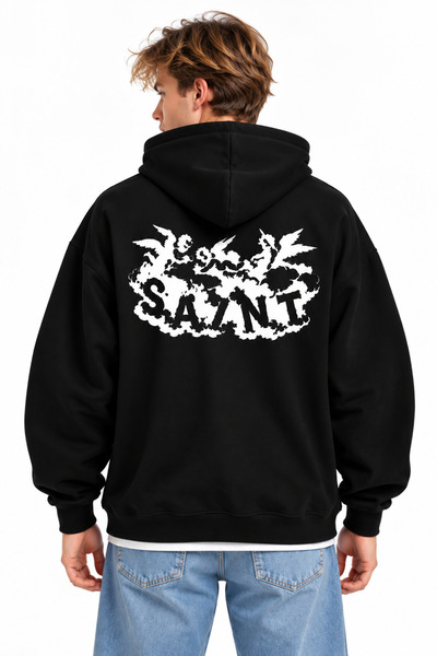 Compostela Women's Men's Unisex Sai̇nt Cloud and Angel Back Printed 100% Cotton Oversized Hooded Sweatshirt Hodie