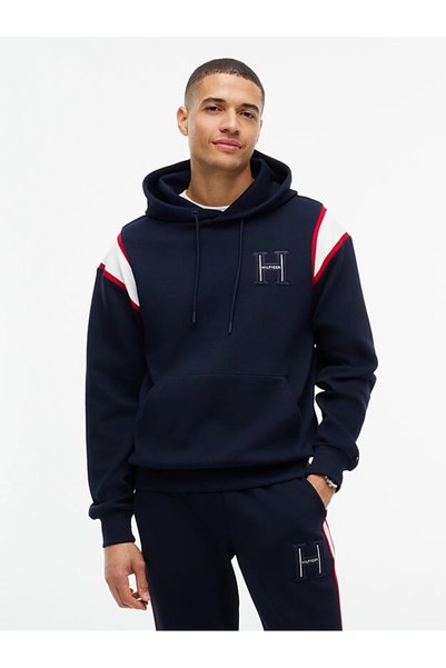 Tommy Hilfiger Erkek Regular Fit Kontrast Şerit Detaylı Logolu Pamuklu Kapüşonlu Uzun Kollu Lacivert Sweatshirt