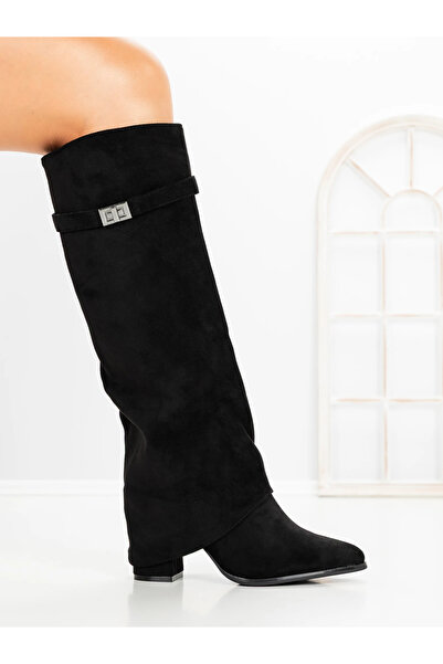 mei Cizme dama cu toc gros negre din material textil Eliana