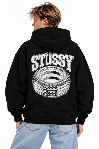 Compostela Women's Men's Unisex Stusy Wheel Back Patterned Printed 100% Cotton Oversize Hooded Sweatshirt Hoodie
