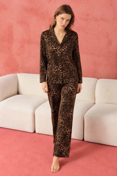 Mindy Women's Leopard Shirt Collar Cotton Brown Pajama Set