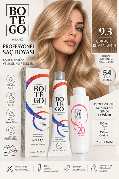 botegohair 9.3 Çok Açık Kumral Altın Profesyonel Saç Boyası Seti