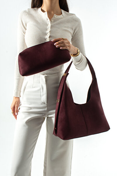 Adox Çanta Marston Model Lock and Kitten Detail Burgundy Suede Women's Hand a...