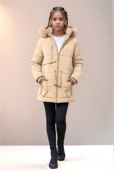 Naffy Girl's Comfortable Winter Fleece-Lined Hooded Waist Drawstring Coat