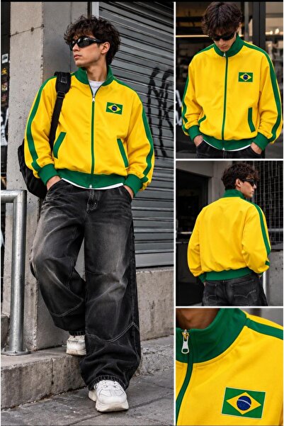 eyonnwear Hanorac sport unisex retro Brasil verde galben cu guler înalt și fe...
