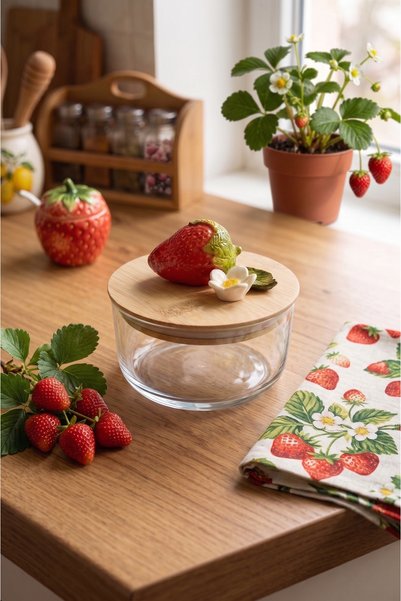 Kare Home Vacuum Sealed 3-Piece Glass Storage Container with Bamboo Lid [Strawberry Detail]
