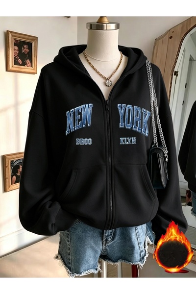 MITHRAS OUTDOORS Unisex Black New York Brooklyn Blue Printed Zipper Sweatshir...