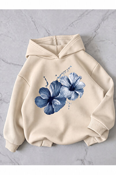 MARECASH Blue Floral 3 Thread Hooded Sweatshirt Oversize Winter 100% Cotton
