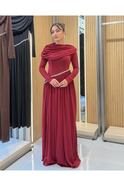 Klex Taş Detaylı Piliseli Maxi Elbise 0013