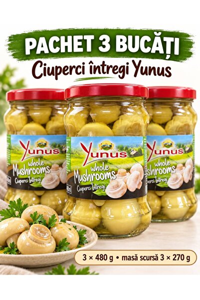 Yunus Whole Mushrooms, 3 × 480 g (drained mass: 3 × 270 g)