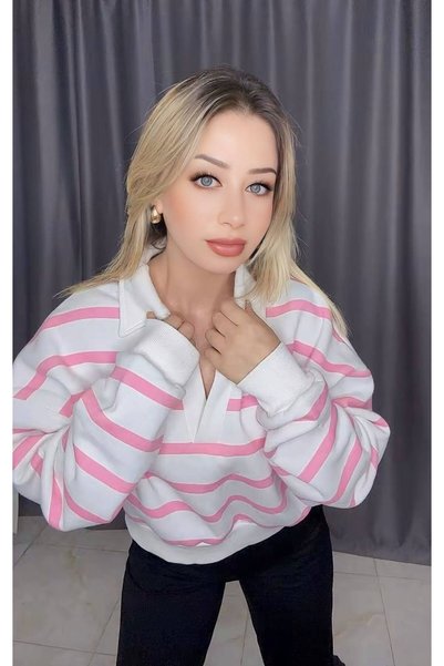 yogo butik kadın pembe çizgili yaka detaylı oversize sweatshirt- polo yaka çi...