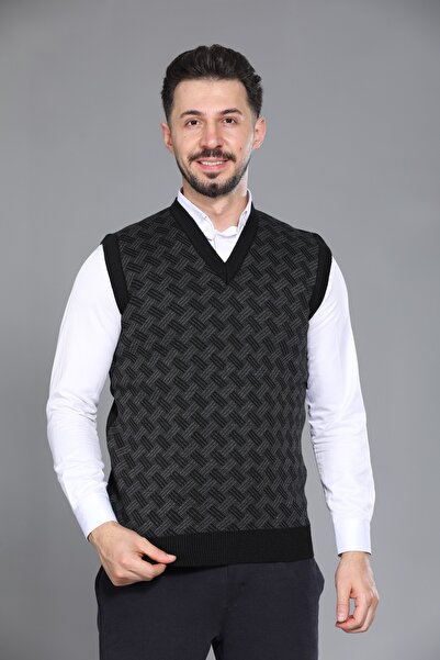 KZC TEKSTİL Erkek Baba ve Orta Yaş Desenli Akrilik Kalın Dokulu V Yaka Triko ...